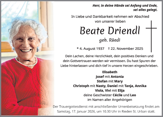 Traueranzeige von Beate Driendl von Allgäuer Zeitung, Füssen