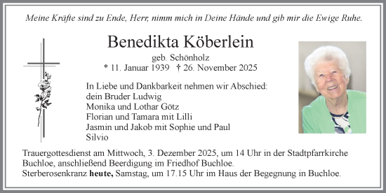 Traueranzeige von Benedikta Köberlein von Allgäuer Zeitung, Kaufbeuren/Buchloe