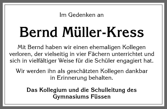 Traueranzeige von Bernd Müller-Kress von Allgäuer Zeitung, Füssen