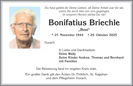 Traueranzeige von Bonifatius Briechle von Allgäuer Zeitung,Kempten