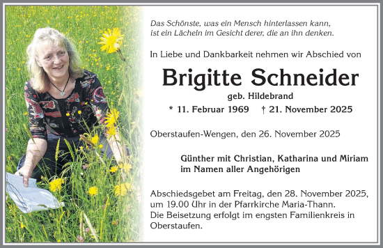 Traueranzeige von Brigitte Schneider von Allgäuer Anzeigeblatt