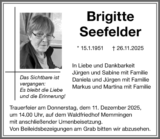 Traueranzeige von Brigitte Seefelder von Memminger Zeitung