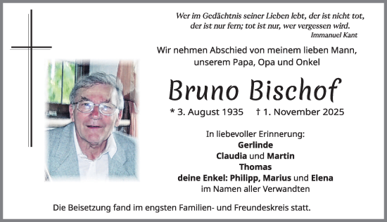 Traueranzeige von Bruno Bischof von Allgäuer Zeitung, Füssen