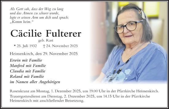 Traueranzeige von Cäcilie Fulterer von Der Westallgäuer