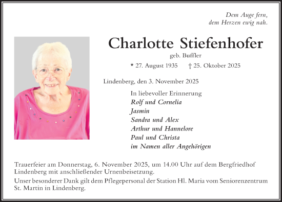 Traueranzeige von Charlotte Stiefenhofer von Der Westallgäuer