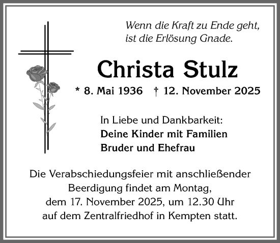 Traueranzeige von Christa Stulz von Allgäuer Zeitung,Kempten