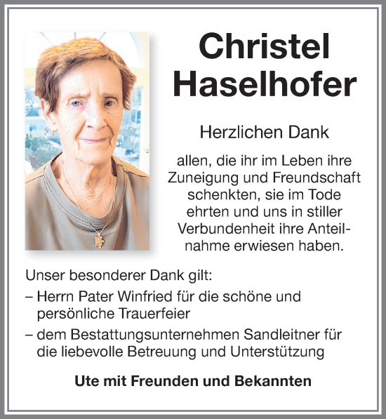 Traueranzeige von Christel Haselhofer von Memminger Zeitung