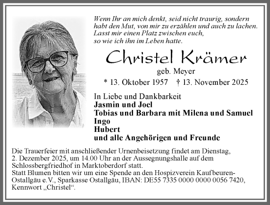 Traueranzeige von Christel Krämer von Allgäuer Zeitung, Marktoberdorf