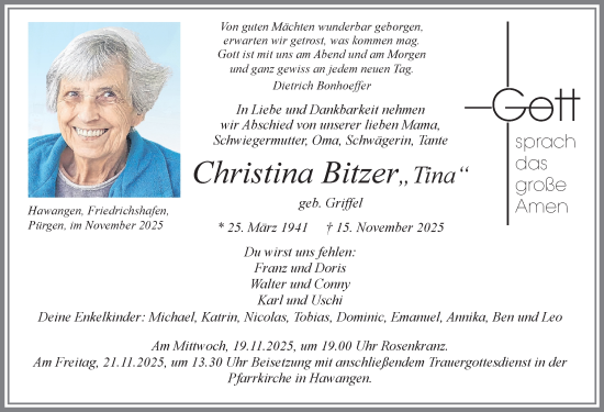 Traueranzeige von Christina Bitzer von Memminger Zeitung