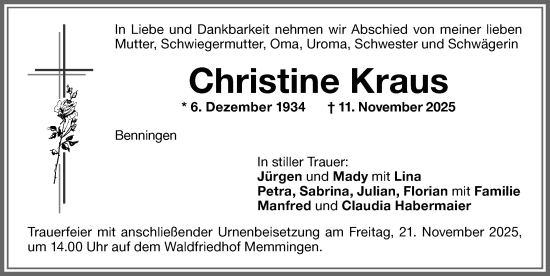 Traueranzeige von Christine Kraus von Memminger Zeitung