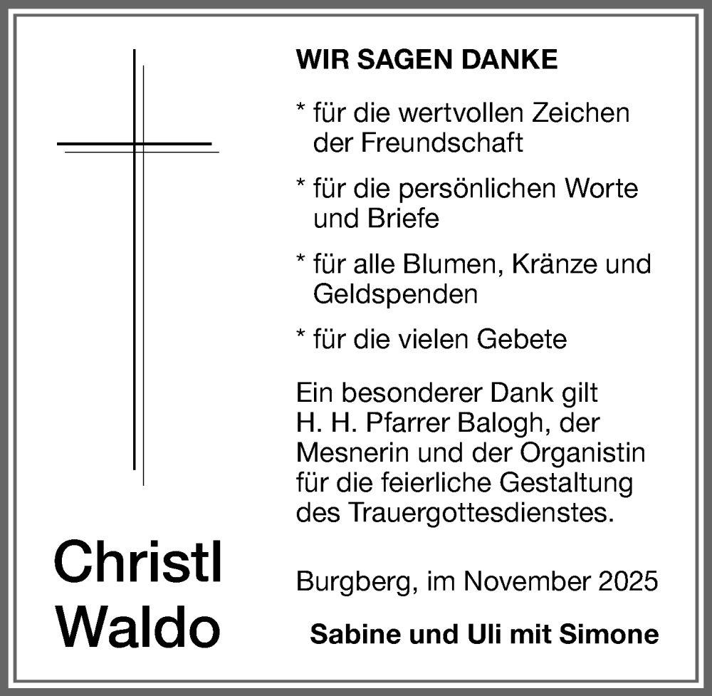  Traueranzeige für Christl Waldo vom 22.11.2025 aus Allgäuer Anzeigeblatt