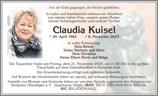 Traueranzeige von Claudia Kuisel von Allgäuer Zeitung,Kempten