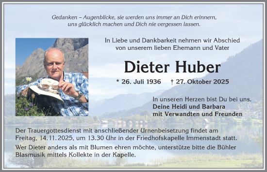 Traueranzeige von Dieter Huber von Allgäuer Anzeigeblatt