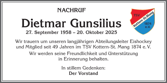 Traueranzeige von Dietmar Gunsilius von Allgäuer Zeitung,Kempten