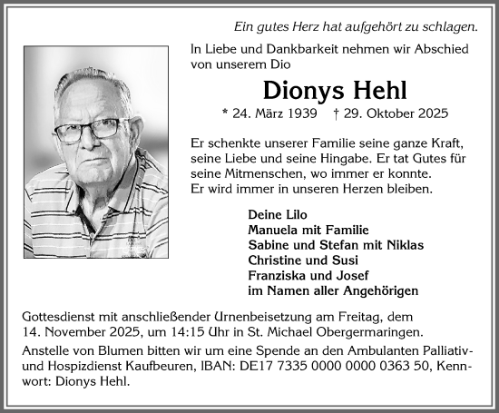 Traueranzeige von Dionys Hehl von Allgäuer Zeitung, Kaufbeuren/Buchloe