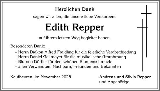 Traueranzeige von Edith Repper von Allgäuer Zeitung, Kaufbeuren/Buchloe