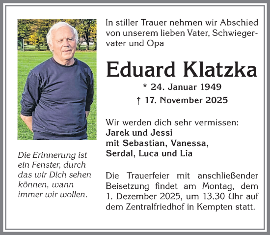 Traueranzeige von Eduard Klatzka von Allgäuer Zeitung,Kempten