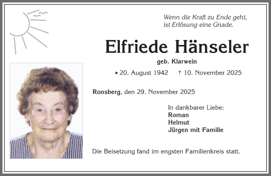 Traueranzeige von Elfriede Hänseler von Allgäuer Zeitung, Marktoberdorf