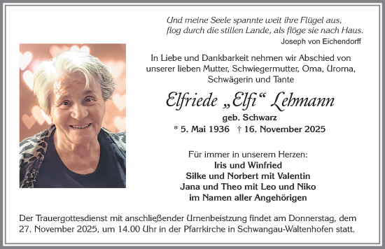Traueranzeige von Elfriede Lehmann von Allgäuer Zeitung, Füssen