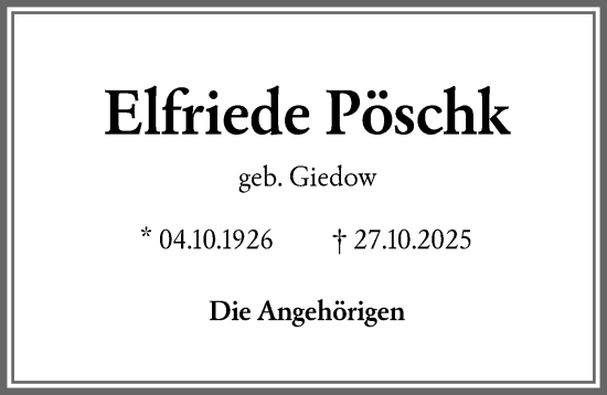 Traueranzeige von Elfriede Pöschk von Memminger Zeitung