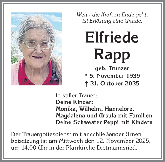 Traueranzeige von Elfriede Rapp von Allgäuer Zeitung,Kempten