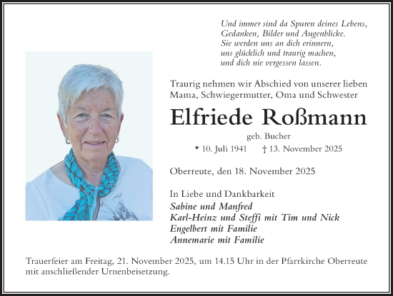 Traueranzeige von Elfriede Roßmann von Der Westallgäuer