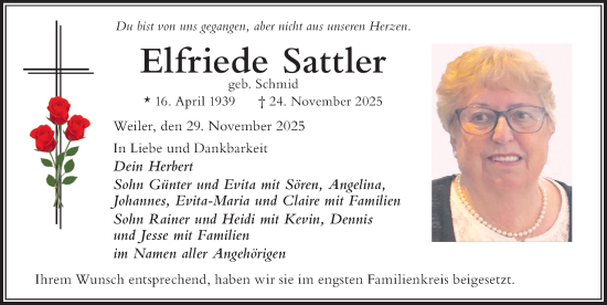Traueranzeige von Elfriede Sattler von Der Westallgäuer