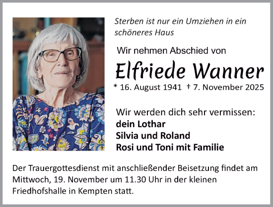 Traueranzeige von Elfriede Wanner von Allgäuer Zeitung,Kempten
