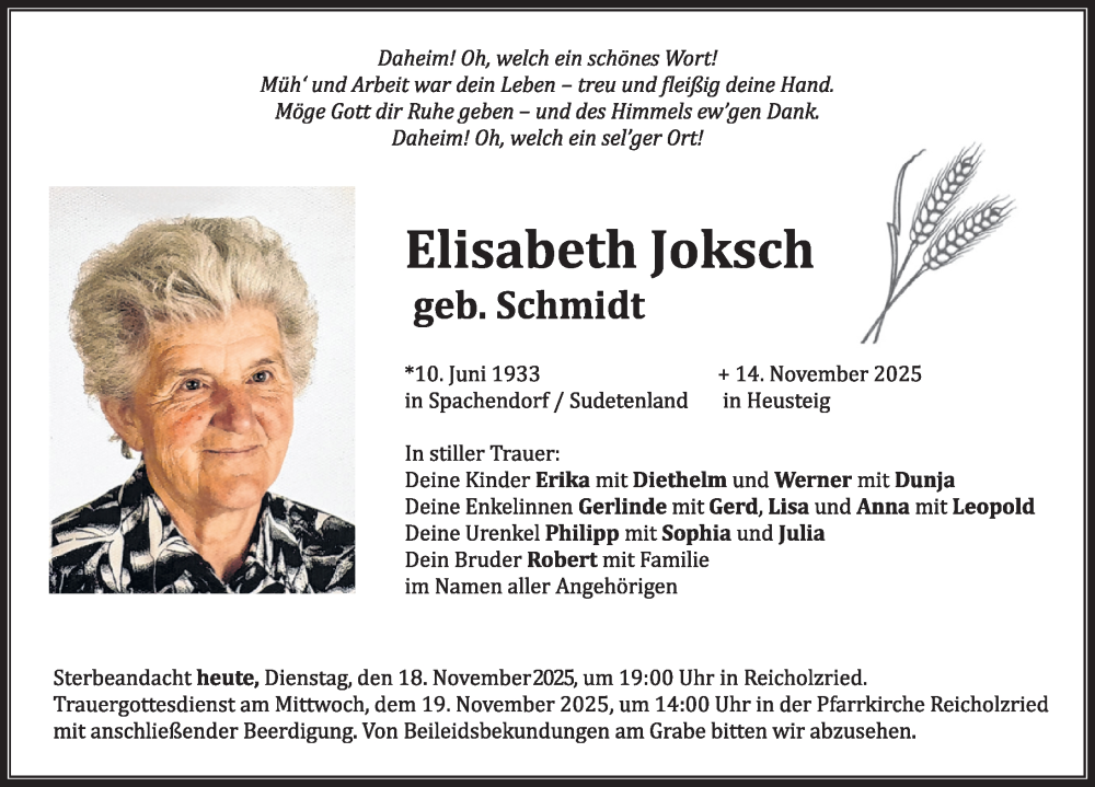  Traueranzeige für Elisabeth Joksch vom 18.11.2025 aus Allgäuer Zeitung,Kempten