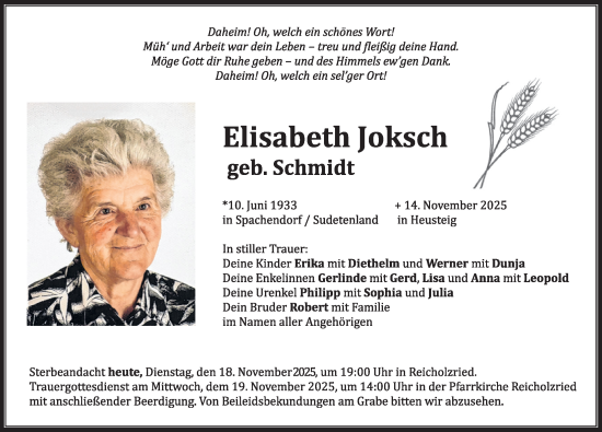 Traueranzeige von Elisabeth Joksch von Allgäuer Zeitung,Kempten