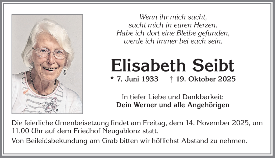 Traueranzeige von Elisabeth Seibt von Allgäuer Zeitung, Kaufbeuren/Buchloe