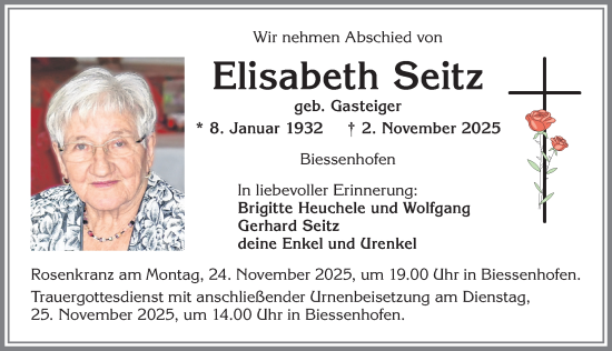 Traueranzeige von Elisabeth Seitz von Allgäuer Zeitung, Kaufbeuren/Buchloe
