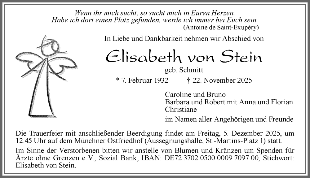  Traueranzeige für Elisabeth von Stein vom 29.11.2025 aus Allgäuer Zeitung, Marktoberdorf