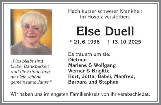 Traueranzeige von Else Duell von Allgäuer Zeitung,Kempten