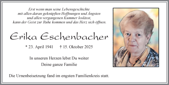 Traueranzeige von Erika Eschenbacher von Allgäuer Zeitung, Marktoberdorf