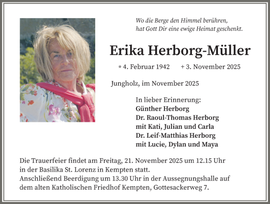 Traueranzeige von Erika Herborg-Müller von Allgäuer Zeitung,Kempten