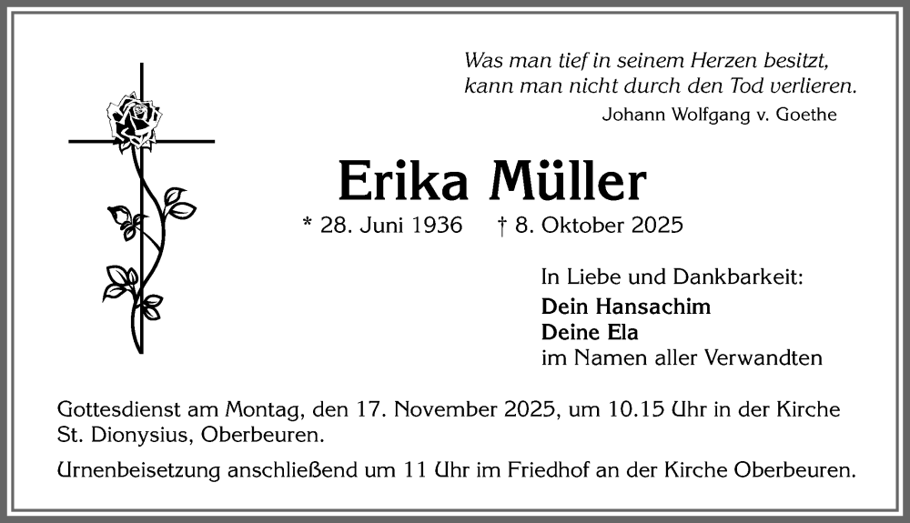  Traueranzeige für Erika Müller vom 08.11.2025 aus Allgäuer Zeitung, Kaufbeuren/Buchloe