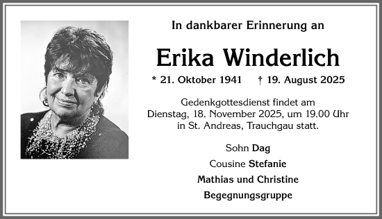 Traueranzeige von Erika Winderlich von Allgäuer Zeitung, Füssen