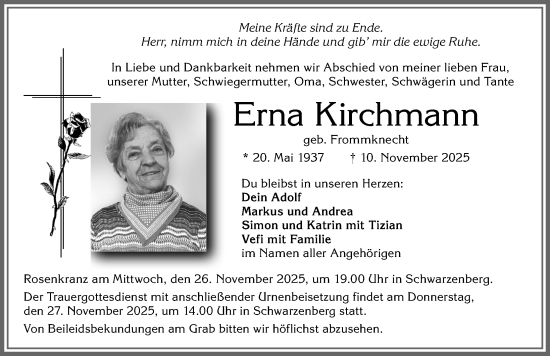 Traueranzeige von Erna Kirchmann von Allgäuer Zeitung,Kempten
