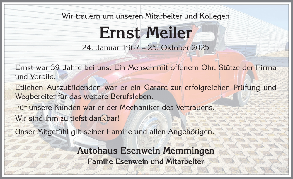  Traueranzeige für Ernst Meiler vom 19.11.2025 aus Memminger Zeitung
