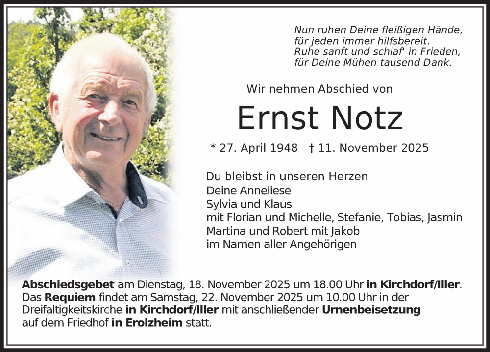 Traueranzeige für Ernst Notz vom 15.11.2025 aus Memminger Zeitung