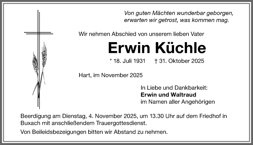  Traueranzeige für Erwin Küchle vom 03.11.2025 aus Memminger Zeitung