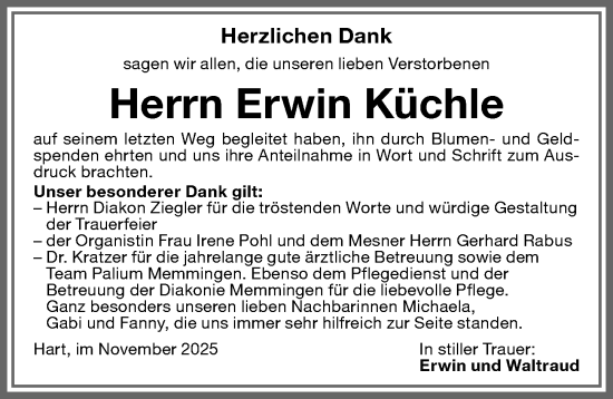 Traueranzeige von Erwin Küchle von Memminger Zeitung