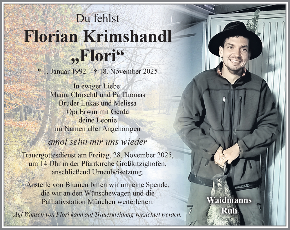  Traueranzeige für Florian Krimshandl vom 22.11.2025 aus Allgäuer Zeitung, Kaufbeuren/Buchloe