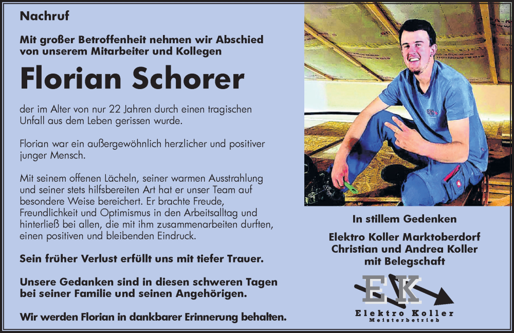  Traueranzeige für Florian Schorer vom 15.11.2025 aus Allgäuer Zeitung, Marktoberdorf