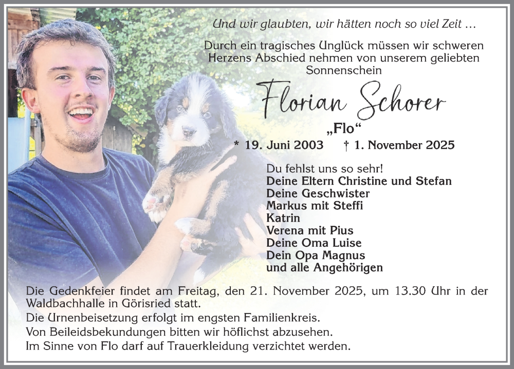  Traueranzeige für Florian Schorer vom 15.11.2025 aus Allgäuer Zeitung, Marktoberdorf