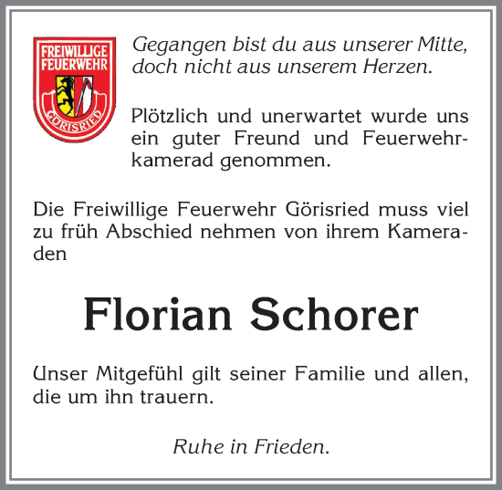 Traueranzeige von Florian Schorer von Allgäuer Zeitung, Marktoberdorf