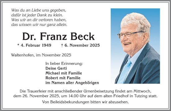 Traueranzeige von Franz Beck von Allgäuer Zeitung,Kempten