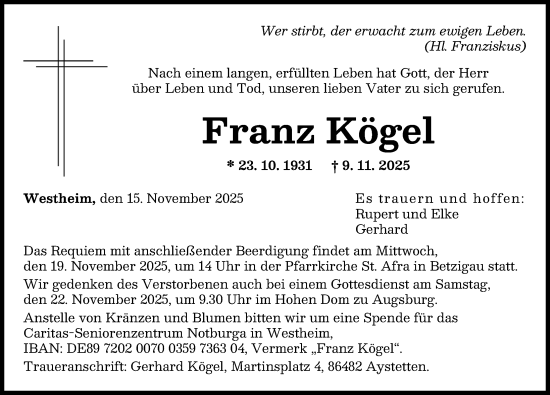 Traueranzeige von Franz Kögel von Augsburger Allgemeine