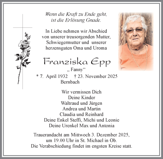 Traueranzeige von Franziska Epp von Allgäuer Zeitung, Marktoberdorf